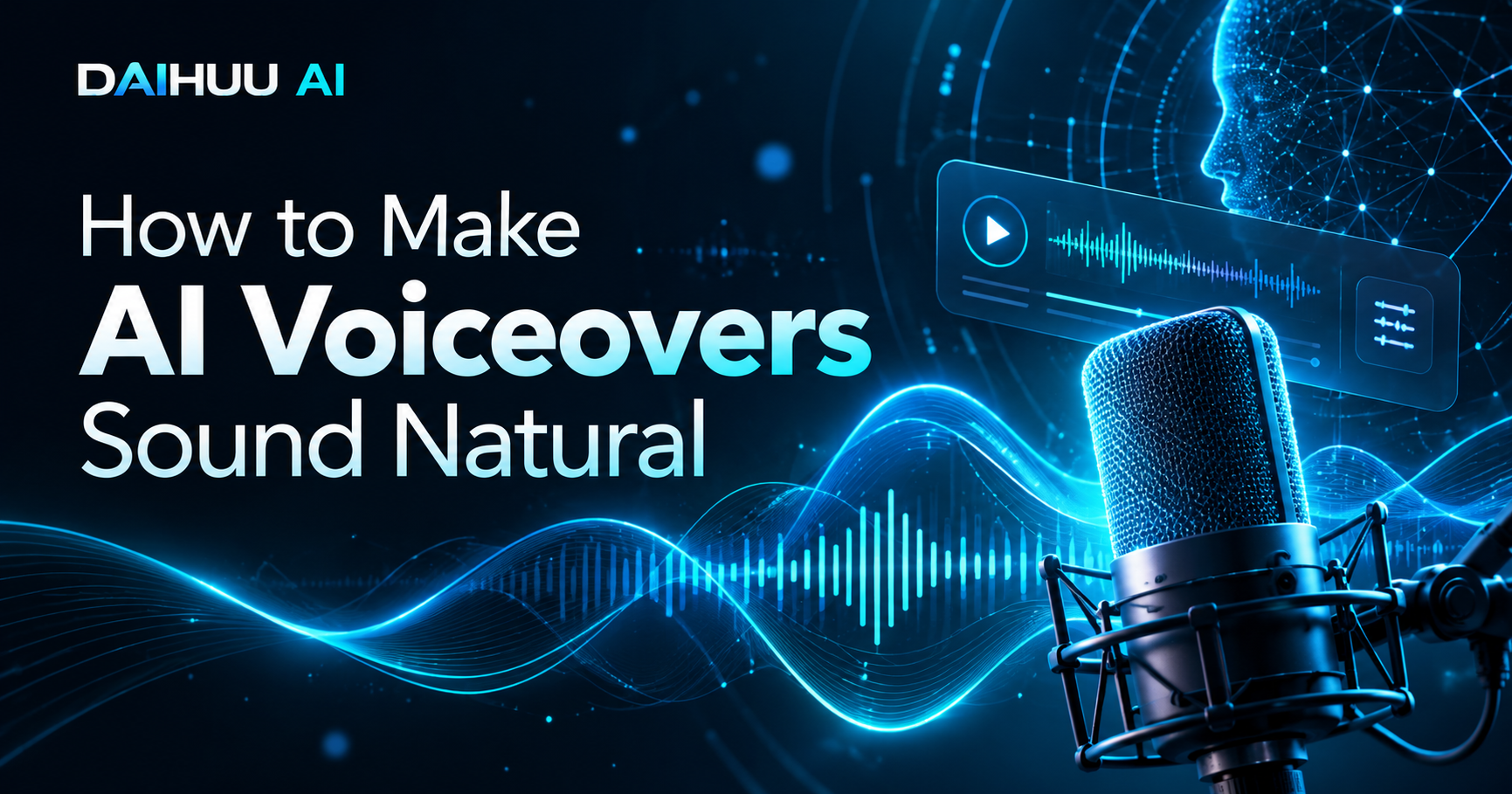 AI voiceover microphone with glowing blue sound waves and audio editing interface